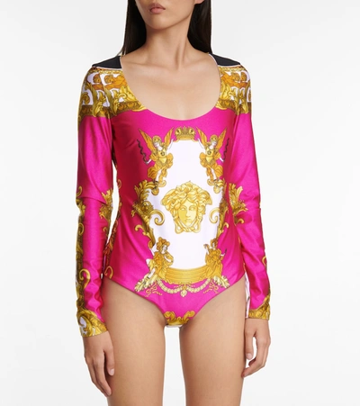 Shop Versace Medusa Renaissance Printed Bodysuit In Gold