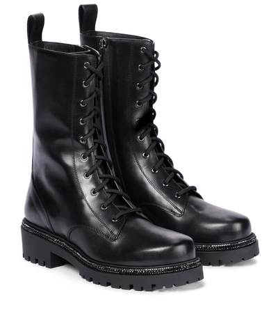 Shop René Caovilla Bika Embellished Leather Combat Boots In Black