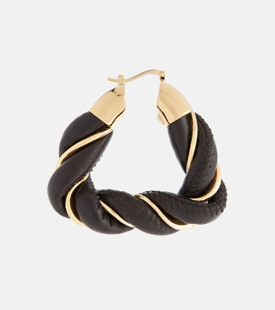 Shop Bottega Veneta Leather And Gold-tone Silver Triangle Hoop Earrings In Black