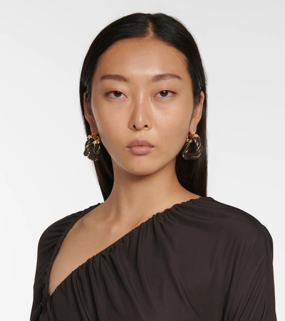 Shop Bottega Veneta Leather And Gold-tone Silver Triangle Hoop Earrings In Black