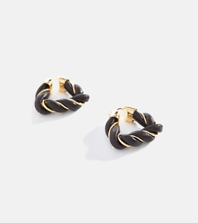Shop Bottega Veneta Leather And Gold-tone Silver Triangle Hoop Earrings In Black