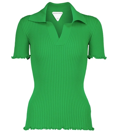 Shop Bottega Veneta Ribbed-knit Cotton Polo Shirt In Green