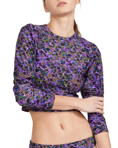 Shop Cynthia Rowley Marble-print Cropped Rashguard Swim Top In Purple