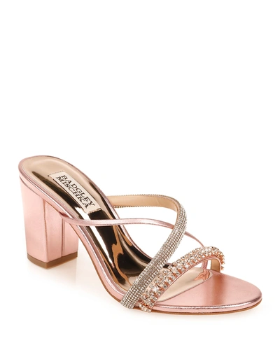 Shop Badgley Mischka Zoraya Metallic Embellished Slide Sandals In Rose