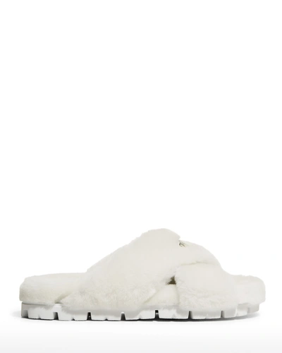 Shop Prada Shearling Crisscross Slide Sandals In Bianco