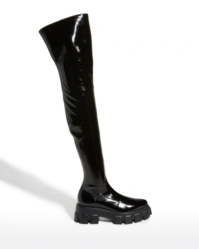 Shop Prada Monolith Patent Over-the-knee Boots In Nero