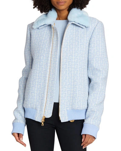 Shop Balmain Faux-fur Collar Monogram Bomber Jacket In White/lt Blue