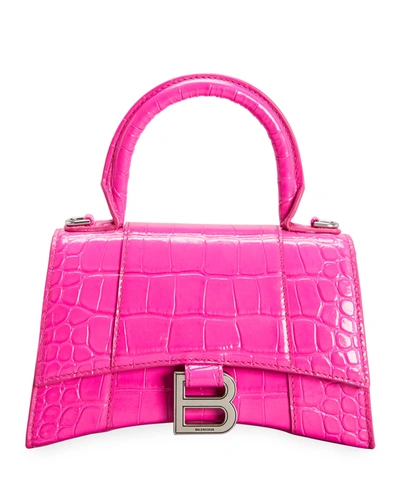 Shop Balenciaga Hourglass Xs Crocodile-embossed Top-handle Bag In Neon Pink