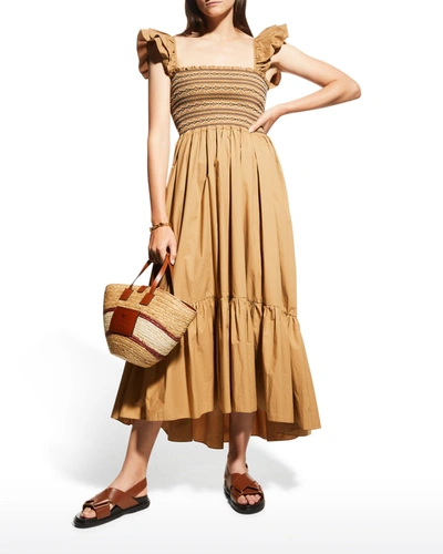 Shop Cara Cara Ruby Square-neck Midi Dress In Khaki Mixed