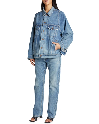 Shop Balenciaga Bell-sleeve Japanese Twill Denim Jacket In Dirt Smoky Light