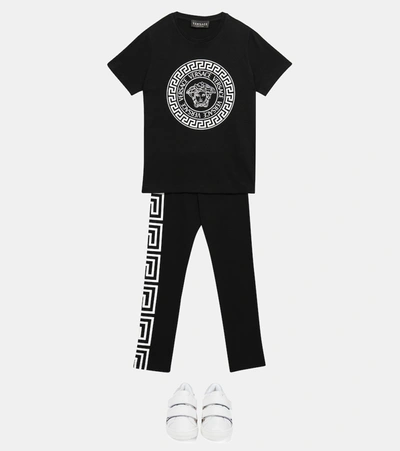 Shop Versace Logo Cotton Leggings In Black