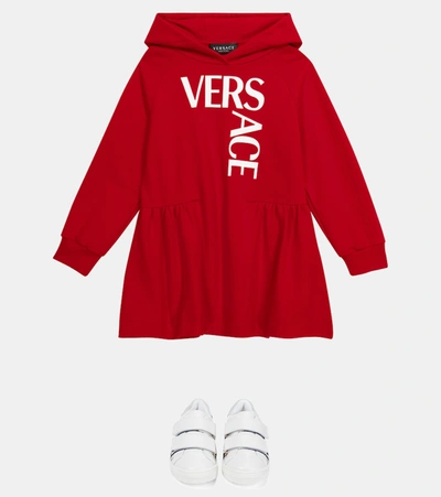 Shop Versace Logo Cotton Dress In Red