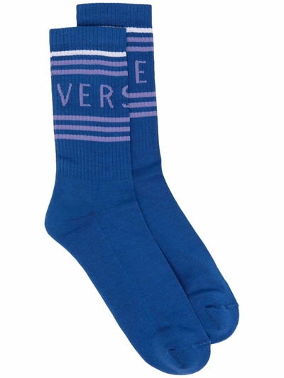 Shop Versace Logo Intarsia Socks In Blue