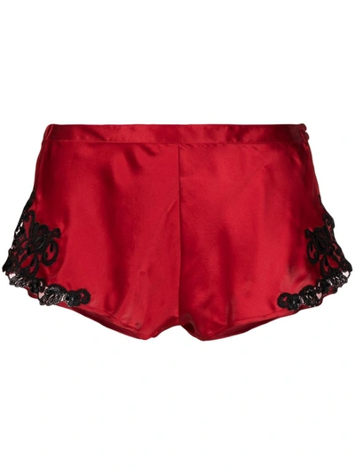Shop La Perla Cherry-red Silk-blend Lace-trimmed Silk Shorts