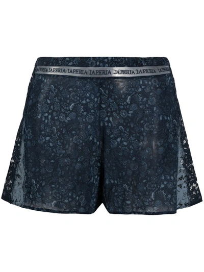 Shop La Perla Navy-blue Silk-blend Logo Print Semi-sheer Shorts