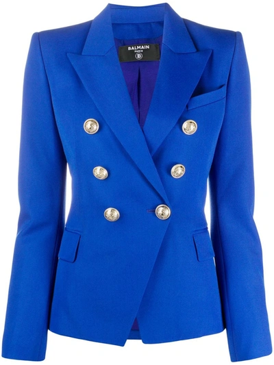 Shop Balmain Blue Cotton Double-breasted Blazer