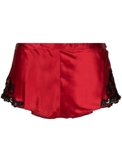 Shop La Perla Cherry-red Silk-blend Lace-trimmed Silk Shorts