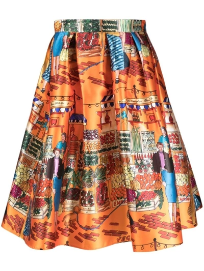 Shop Alessandro Enriquez Multicolour Graphic-print Flared Midi Skirt In Brown