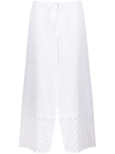 Shop La Perla White Cotton Broderie Anglaise Trim Cropped Trousers