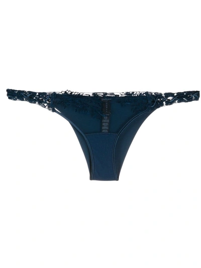 Shop La Perla Navy Cotton Lace-embroidered Thong In Blue