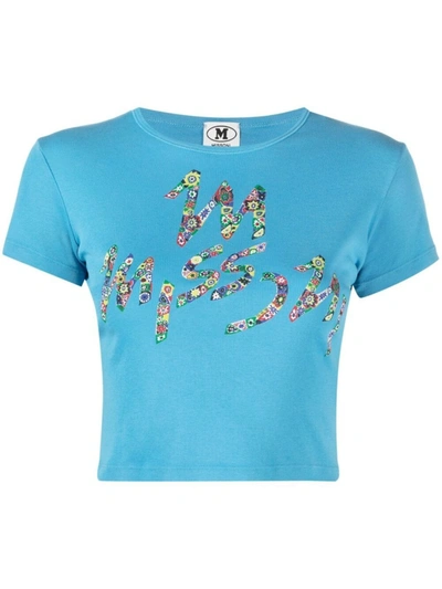 Shop M Missoni Light Blue Cotton Floral Logo-print Cropped T-shirt