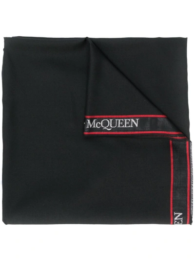 Shop Alexander Mcqueen Black Wool-blend Logo Trim Scarf