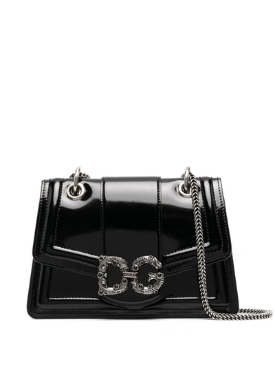 Shop Dolce & Gabbana Black Calf Leather Small Dg Amore Shoulder Bag