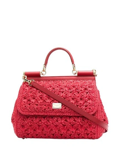 Shop Dolce & Gabbana Red Sicily Woven Tote Bag