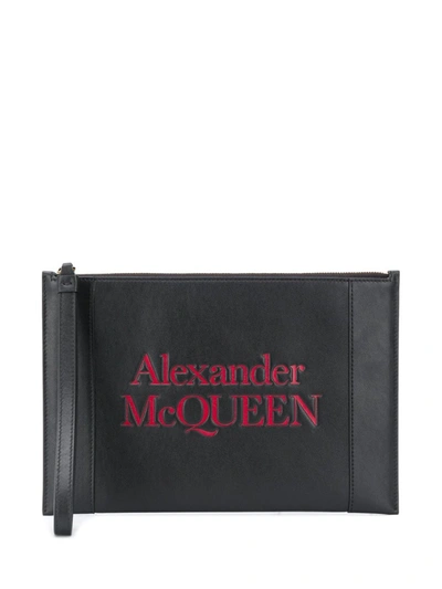 Shop Alexander Mcqueen Black Calf Leather Logo-print Zip Clutch Bag