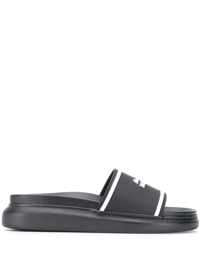 Shop Alexander Mcqueen Black Leather Logo Pool Slides