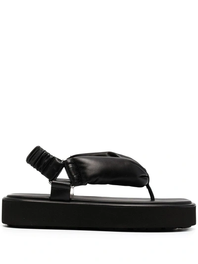 Shop Miu Miu Black Leather Thong Flatform Sandals