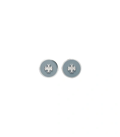 Shop Tory Burch Kira Enameled Circle Stud Earring In Tory Silver / Floral Blue