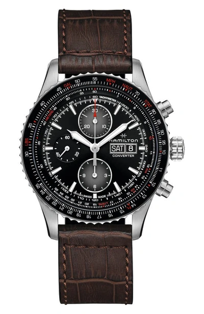 Shop Hamilton Khaki Aviation Converter Converter Chronograph Leather Strap Watch, 44mm In Black/brown