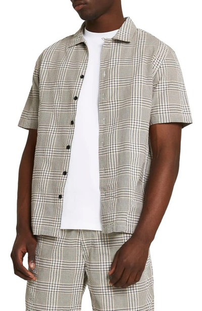 Shop River Island Check Short Sleeve Seersucker Button-up Shirt In Light Beige