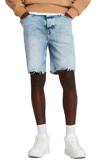 Shop River Island Ripple Slim Fit Distressed Cutoff Denim Shorts In Light Blue