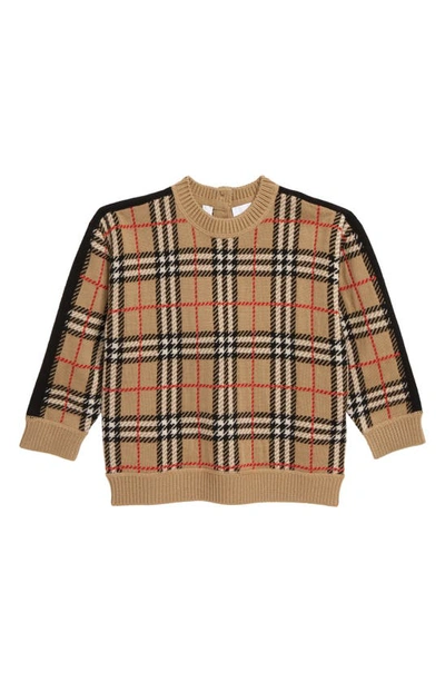 Shop Burberry Kids' Donnie Check Merino Wool Blend Sweater In Archive Beige