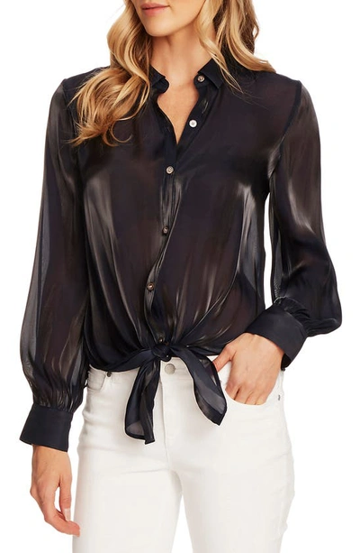 Shop Vince Camuto Tie Front Iridescent Blouse In Night Navy