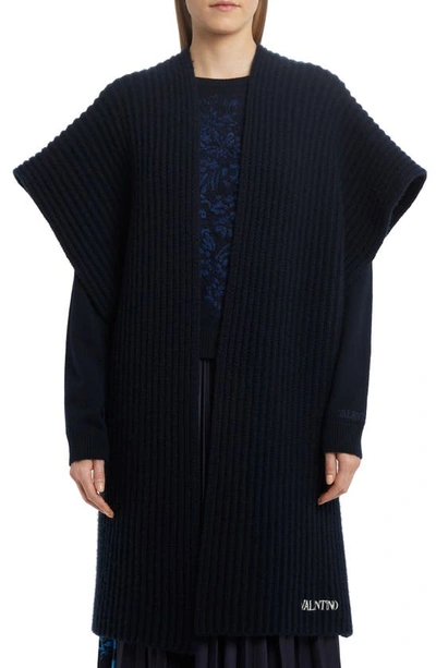 Shop Valentino Oversize Embroidered Wool & Cashmere Poncho Sweater In Navy