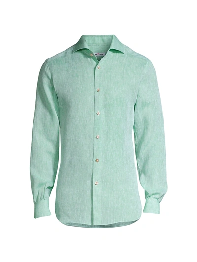 Shop Kiton Men's Solid Linen Shirt In Seafoam