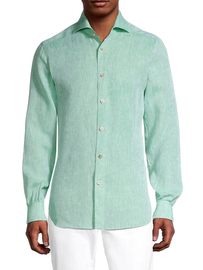 Shop Kiton Men's Solid Linen Shirt In Seafoam