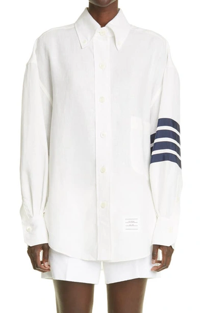 Shop Thom Browne 4-bar Oversize Button-down Linen Shirt In White