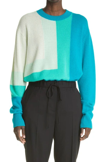 Shop St John Colorblock Intarsia Cashmere Sweater In Teal Multi