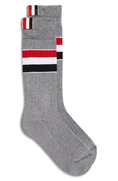 Shop Thom Browne Rwb Stripe Rib Athletic Mid Calf Socks In Light Grey