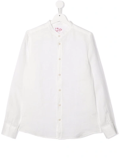 Shop Mc2 Saint Barth Teen Collarless Linen Shirt In 白色