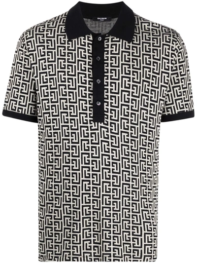 Shop Balmain Monogram-pattern Polo Shirt In Neutrals