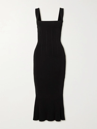 Shop Galvan Atalanta Pleated Stretch-knit Midi Dress In Black
