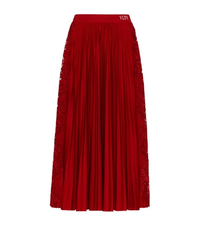 Shop Valentino Lace-trimmed Pleated Midi Skirt In Red