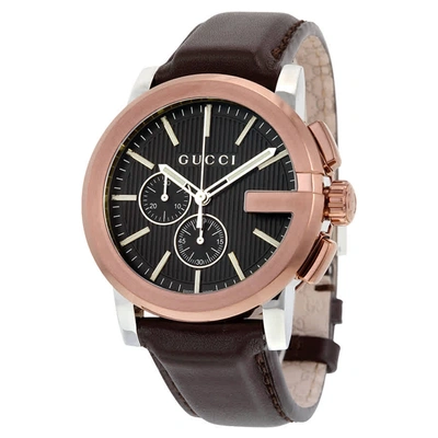 Shop Gucci G Chrono Xl Black Dial Brown Leather Mens Watch Ya101202 In Black,brown,gold Tone,pink,rose Gold Tone