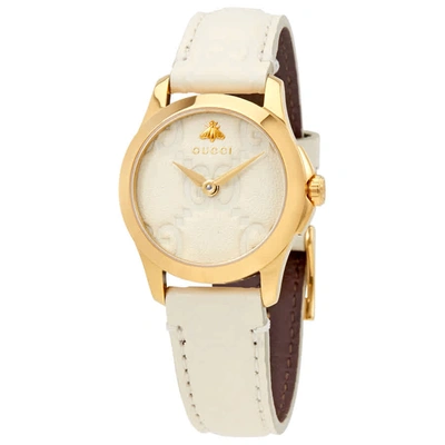 Shop Gucci G-timeless White Dial Ladies Leather Watch Ya126580 In Gold Tone,white,yellow