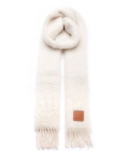 Shop Loewe Logo Patch Fringed Scarf In White